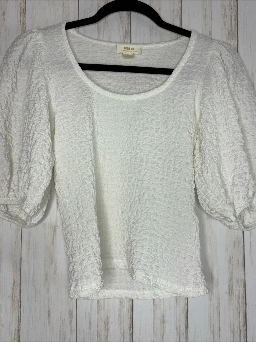 Anthropologie Maeve White Textured Puff-Sleeve Top XS